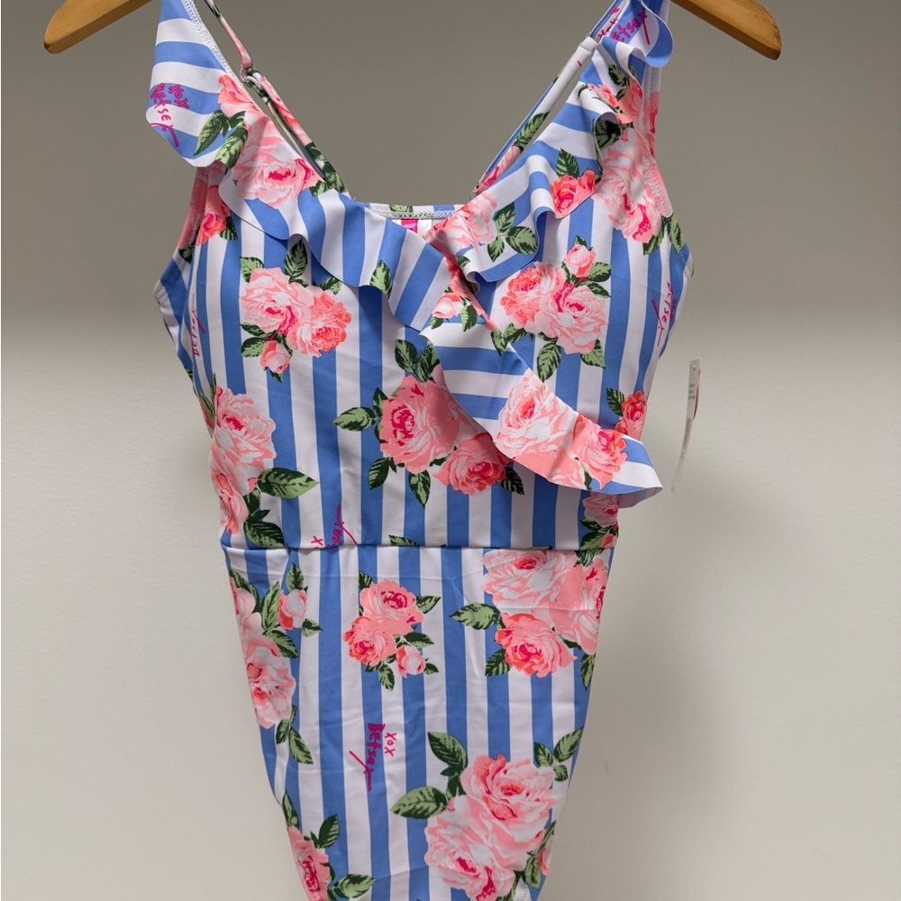 Betsey Johnson Floral Striped One-Piece Swimsuit
